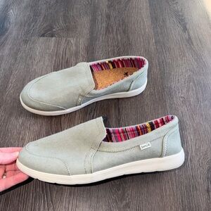 Sanuk Women's Slip-On Sneakers in Sage Green with Striped Lining